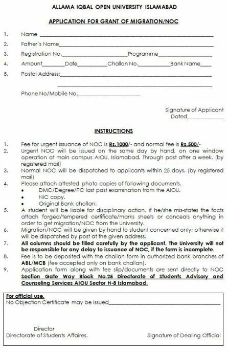 AIOU Application Form NOC Download